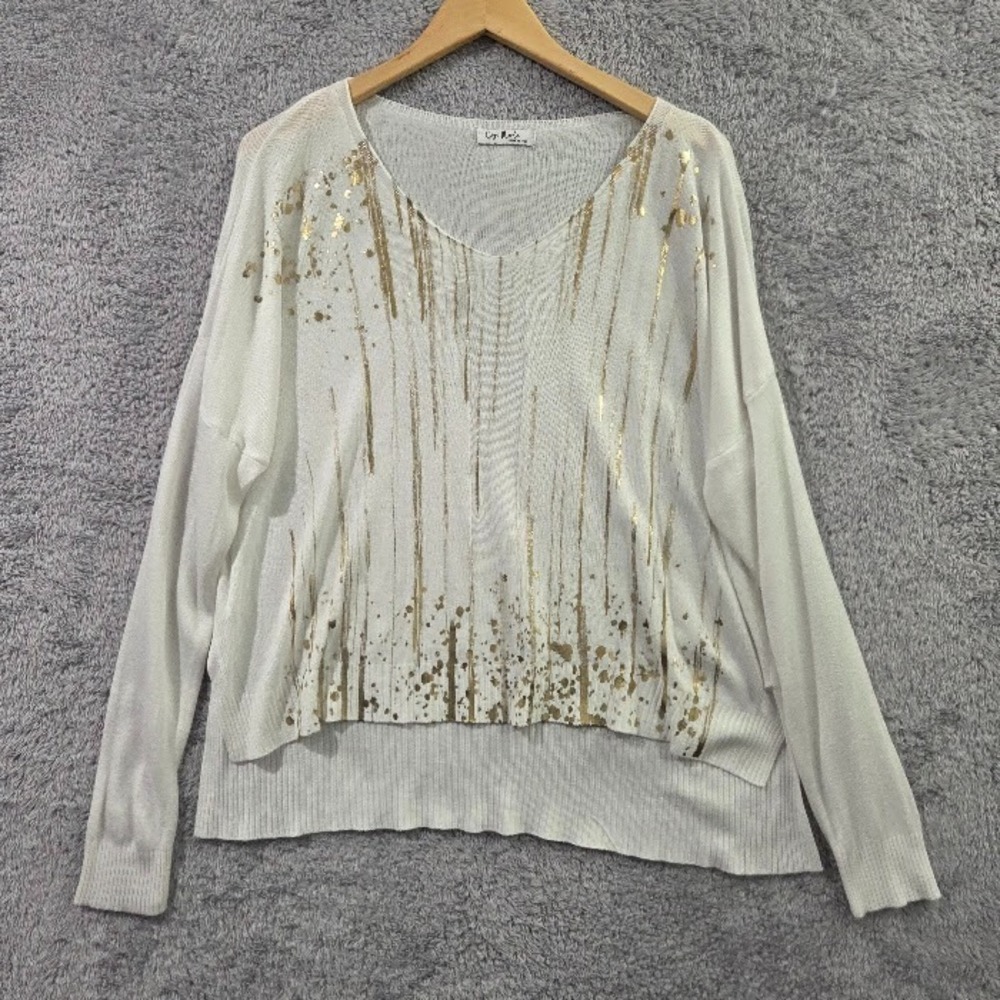 Gigi Moda Knit Sweater Women's Large White Gold‎ Metallic Paint Drip Boxy Italy